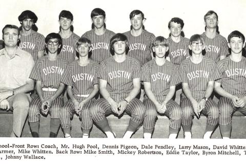 1974 DHS Baseball Team High School-Front Row: Coach, Mr. Hugh Pool, Dennis Pigeon, Dale Pendley, Larry Mason, David Whitten, Robert Armer, Mike Whitten. Back Row: Mike Smith, Mickey Robertson, Eddie Taylor, Byron Mitchell, Tommy Mitchell, Johnny Wallace. 