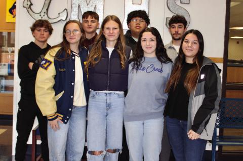 MOSS HOMECOMING COURT 2025: Pictured above: Back row: Tate Keesee (Sophomore), Jackson O'Kelley (Freshman), Tyler Harjochee (Junior), and Michael Simrell (Senior). Front row: Paycee Jo Van Haren (Sophomore), Landri Mills (Freshman), Kara Mayfield (Junior)