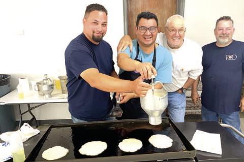 BATTER UP! The Kiwanis Cooks were all smiles as they served the community of Wetumka at this year’s pancake breakfast. Pictured above are: Landon Oliver, Eric Yahola, Emmett Leftwich, and Adam Anderson