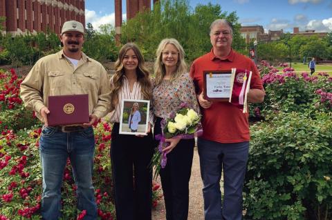 Carley Tatum’s family, Justin Fitzgerald , Courtney Tatum Fitzgerald, Krista Tatum, and Kevin Tatum receive her honorary degree from the University Oklahoma
