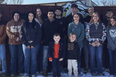 CALVIN HOMECOMING COURT 2025. Pictured L to R: Caleb Rockey, Terra Hart, Addison Woods, Andi Winningham, Jace Dickey, Caden White, Braden Spect, Kaden Howell, Jimmy Ayers, Sierra Ulmer, Wyatt Ulmer and Kayla Bain. Front Row: Jackson Smith and Grace Peloqu