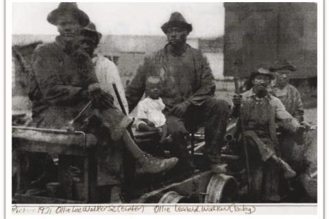 1921 Photo of Ollie Walker,Sr. with son, Ollie Leonard Walker (baby) and others who worked on the railroad running through Clearview. Jessie Johnson was also a worker who repaired the tracks.