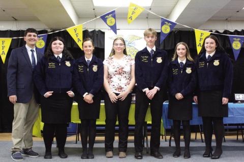 THE 2024-2025 CALVIN FFA OFFICER TEAM WAS RECOGNIZED AT THE RECENT FFA AWARDS BANQUET— PICTURED LEFT TO RIGHT ARE Wyatt Munholland-Advisor, Kylie Taylor-Secretary, Violet Roth-Reporter, Sierra Ulmer-Sentinel, Landen Rippee- Treasurer, Kaden Howell-Vice-