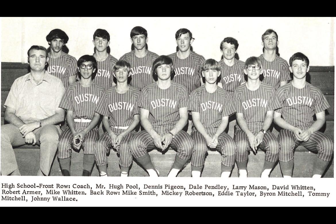 1974 DHS Baseball Team High School-Front Row: Coach, Mr. Hugh Pool, Dennis Pigeon, Dale Pendley, Larry Mason, David Whitten, Robert Armer, Mike Whitten. Back Row: Mike Smith, Mickey Robertson, Eddie Taylor, Byron Mitchell, Tommy Mitchell, Johnny Wallace. 