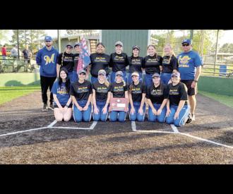 MOSS SLOWPITCH GETS REGIONAL RUNNER-UP. Back row: Assistant Coach Tucker Brown, Sloane Van Haren, Landri Mills, Leah Harjochee, Elexis Stafford, Tanna Brown, Laney Moreno, Graycee Janes, Head Coach Mark Qualls Front row: Hailey Peters, Makaylie Crawford, 