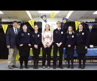 THE 2024-2025 CALVIN FFA OFFICER TEAM WAS RECOGNIZED AT THE RECENT FFA AWARDS BANQUET— PICTURED LEFT TO RIGHT ARE Wyatt Munholland-Advisor, Kylie Taylor-Secretary, Violet Roth-Reporter, Sierra Ulmer-Sentinel, Landen Rippee- Treasurer, Kaden Howell-Vice-